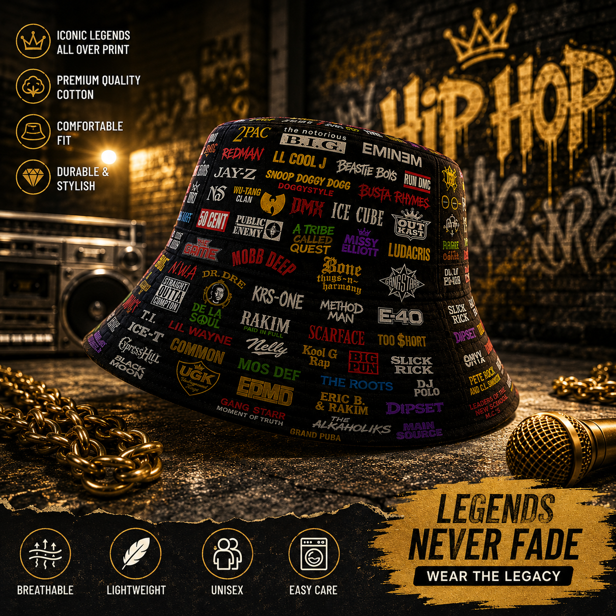 Classic Golden 80’s & 90’s Hip Hop All Over  Bucket Hat
