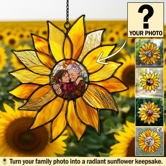 Sunlit Memories – Personalized Sunflower Photo Stain Glass Suncatcher