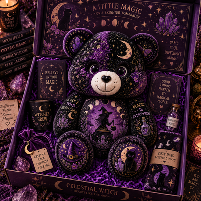 Celestial Witch Bear Custom Shaped Pillow – Moon Magic, Crystal & Black Cat Witchy Gift