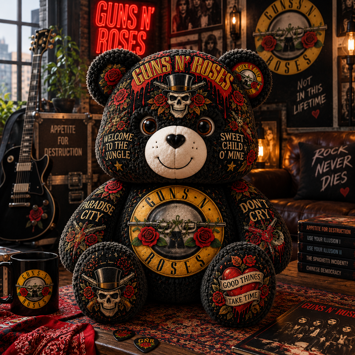Guns N’ Roses Bear Custom Shaped Pillow – Appetite for Destruction Classic Rock Band Fan Gift
