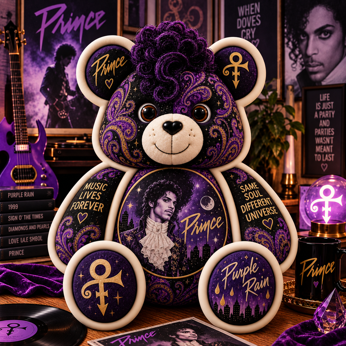 Prince Bear Custom Shaped Pillow – Purple Rain Music Fan Gift