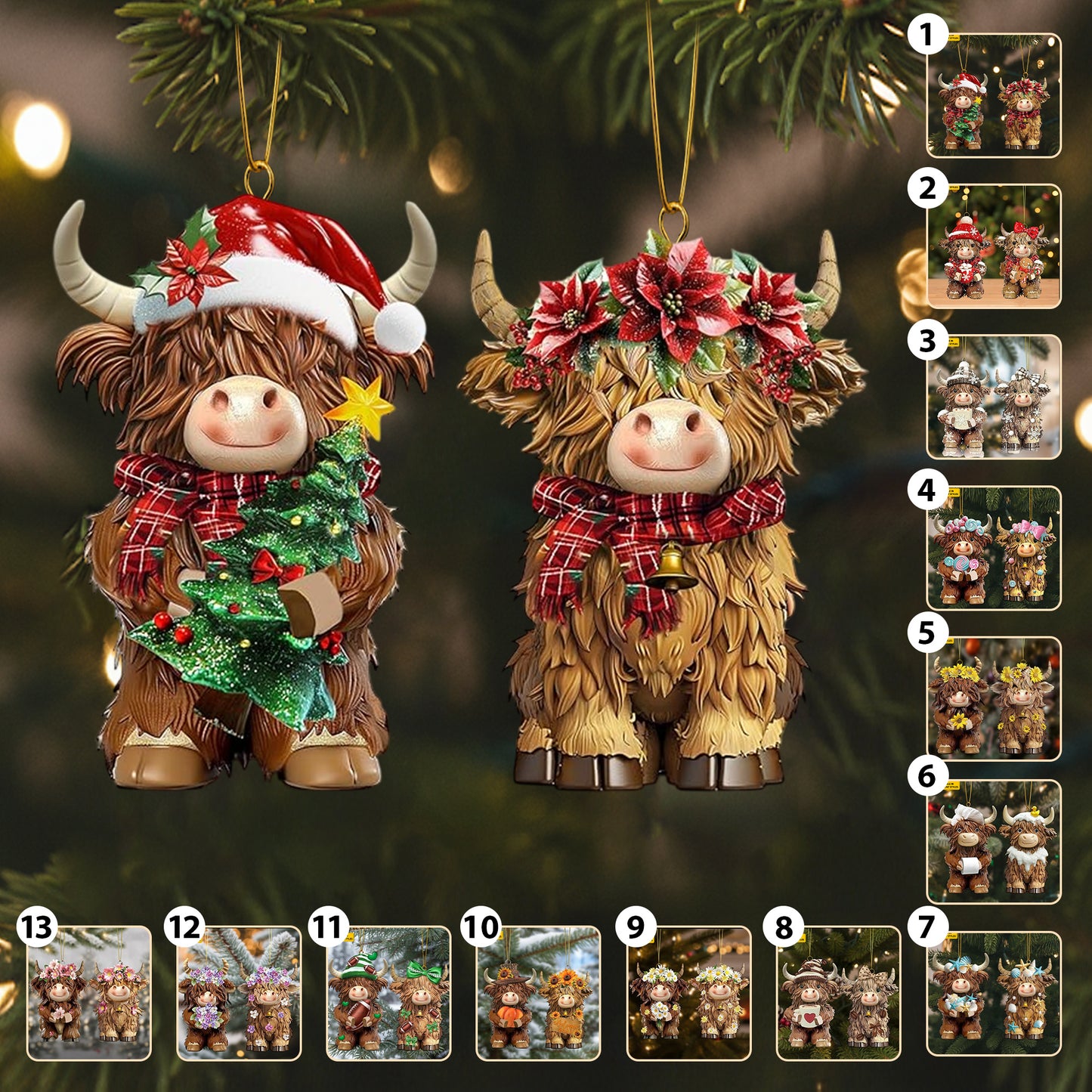 Farmhouse Christmas Highland Ornament Set