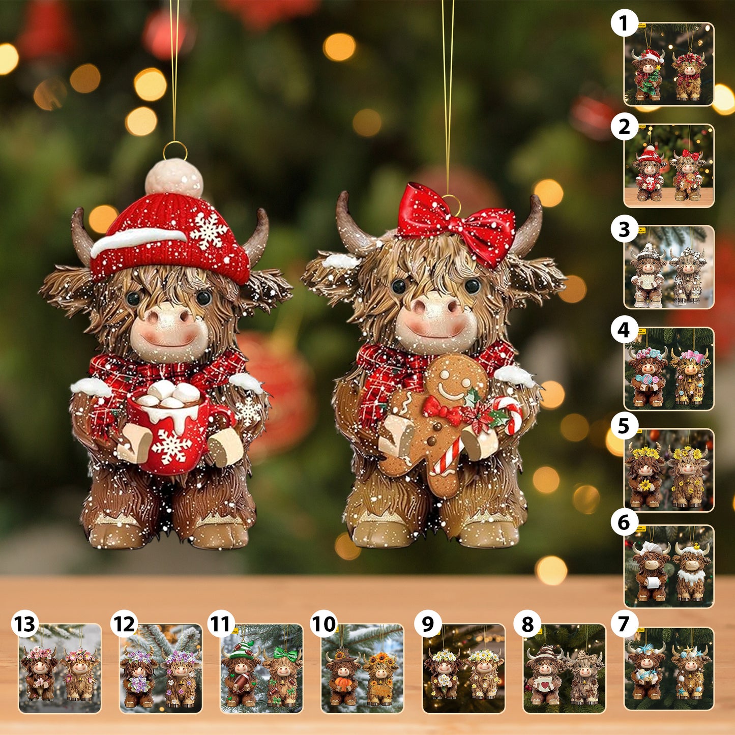 Farmhouse Christmas Highland Ornament Set