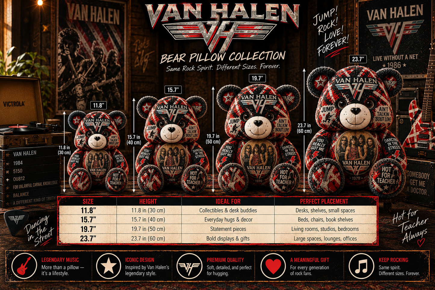 Van Halen Bear Custom Shaped Pillow – Classic Rock Band , Rock Music Fan Gift