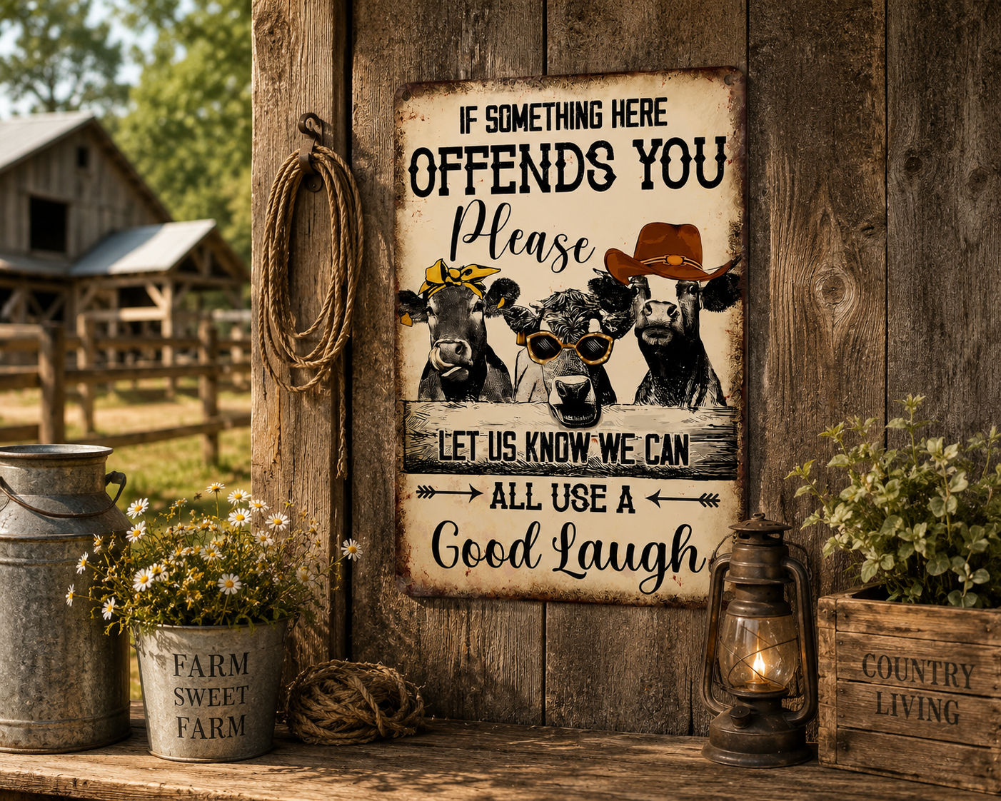 If Something Here Offends You Pleas Let Us Know We Can Alll Us A Good Laugh - Funny Cow Metal Sign