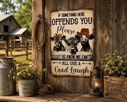 If Something Here Offends You Pleas Let Us Know We Can Alll Us A Good Laugh - Funny Cow Metal Sign
