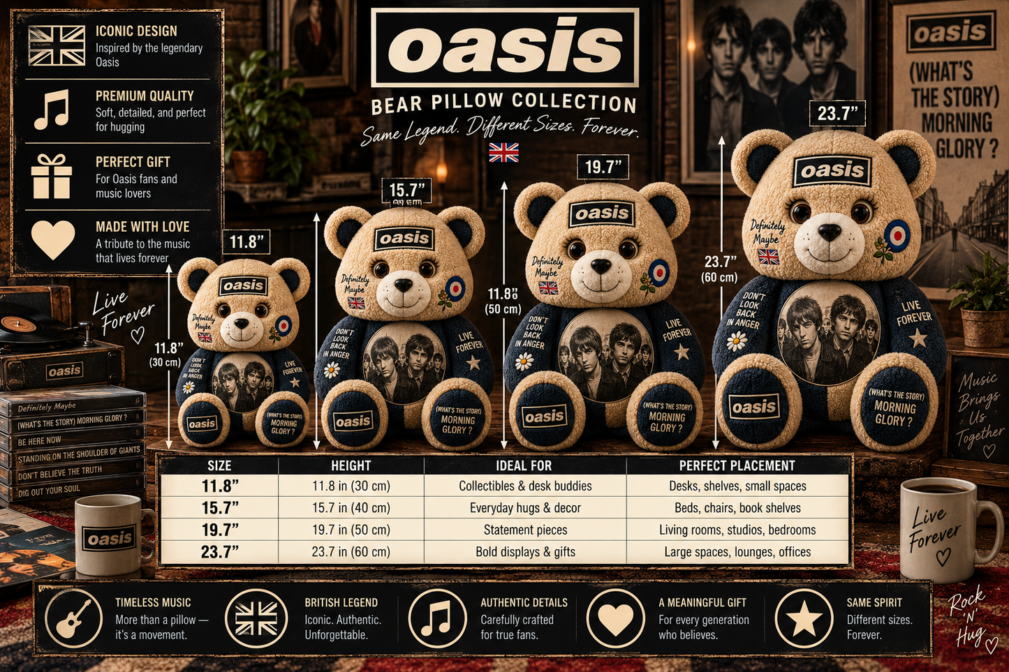 Oasis Bear Custom Shaped Pillow – Definitely Maybe & Morning Glory Music Fan Gift, Britpop Rock Lover Decor