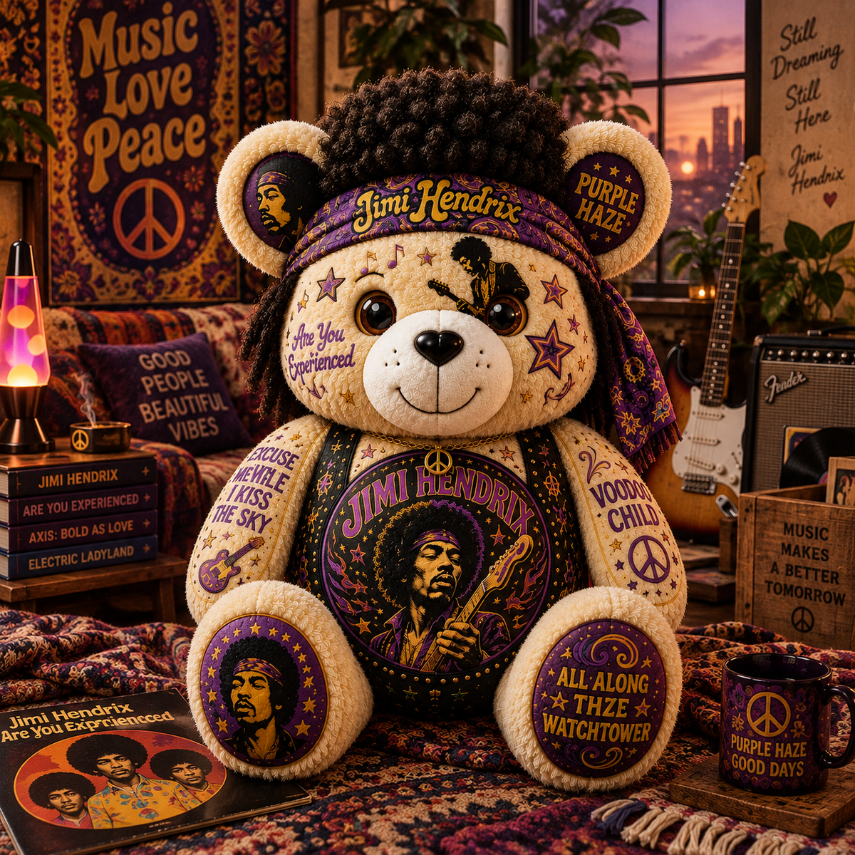 Jimi Hendrix Bear Custom Shaped Pillow – Purple Haze Rock Music Fan Gift