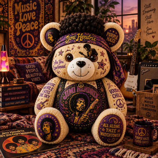 Jimi Hendrix Bear Custom Shaped Pillow – Purple Haze Rock Music Fan Gift