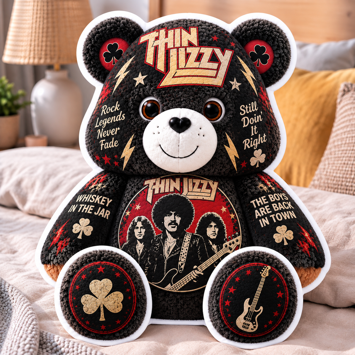 Thin Lizzy Custom Shaped Bear Pillow – Classic Rock Music Inspired Gift for Thin Lizzy Fans