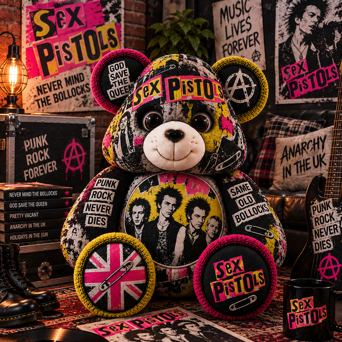 Sex Pistols Custom Shaped Bear Pillow – Punk Rock Music Inspired Gift for Fans