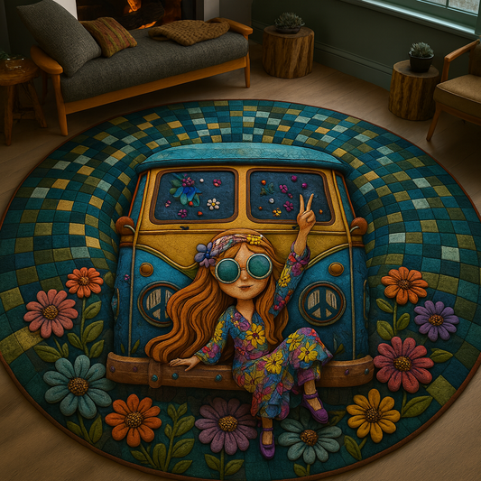 Groovy Hippie Girl  Quilted Round Mat
