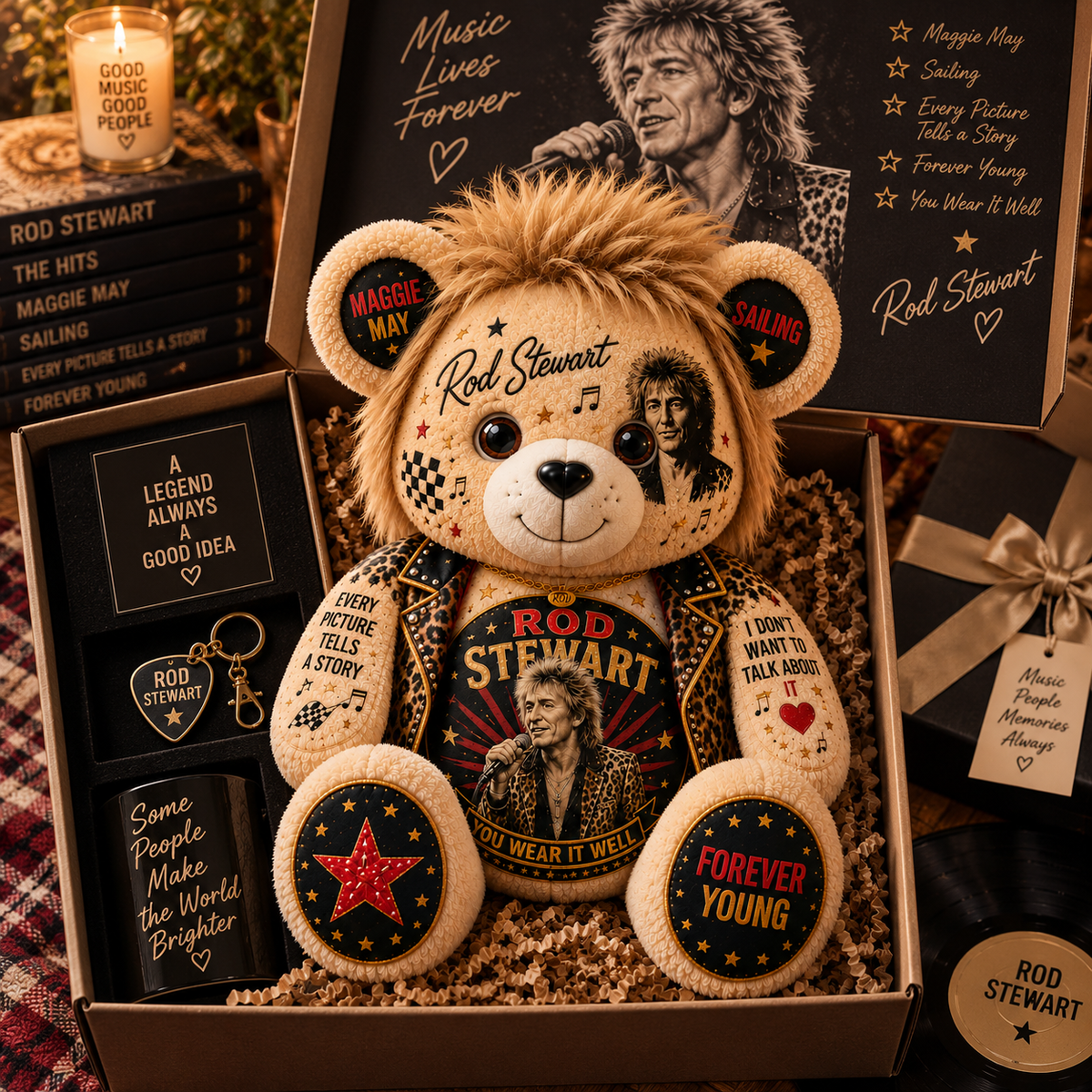 Rod Stewart Bear Custom Shaped Pillow – Forever Young Rock Music Fan Gift, Classic Rock Lover Decor