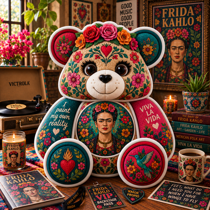 Frida Kahlo Custom Shaped Bear Pillow – Mexican Folk Art Inspired Gift for Art Lovers