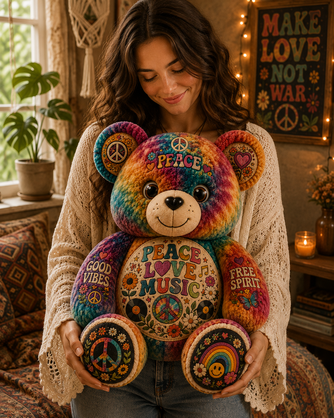 Peace Love Music Bear Custom Shaped Pillow – Hippie Good Vibes & Free Spirit Gift