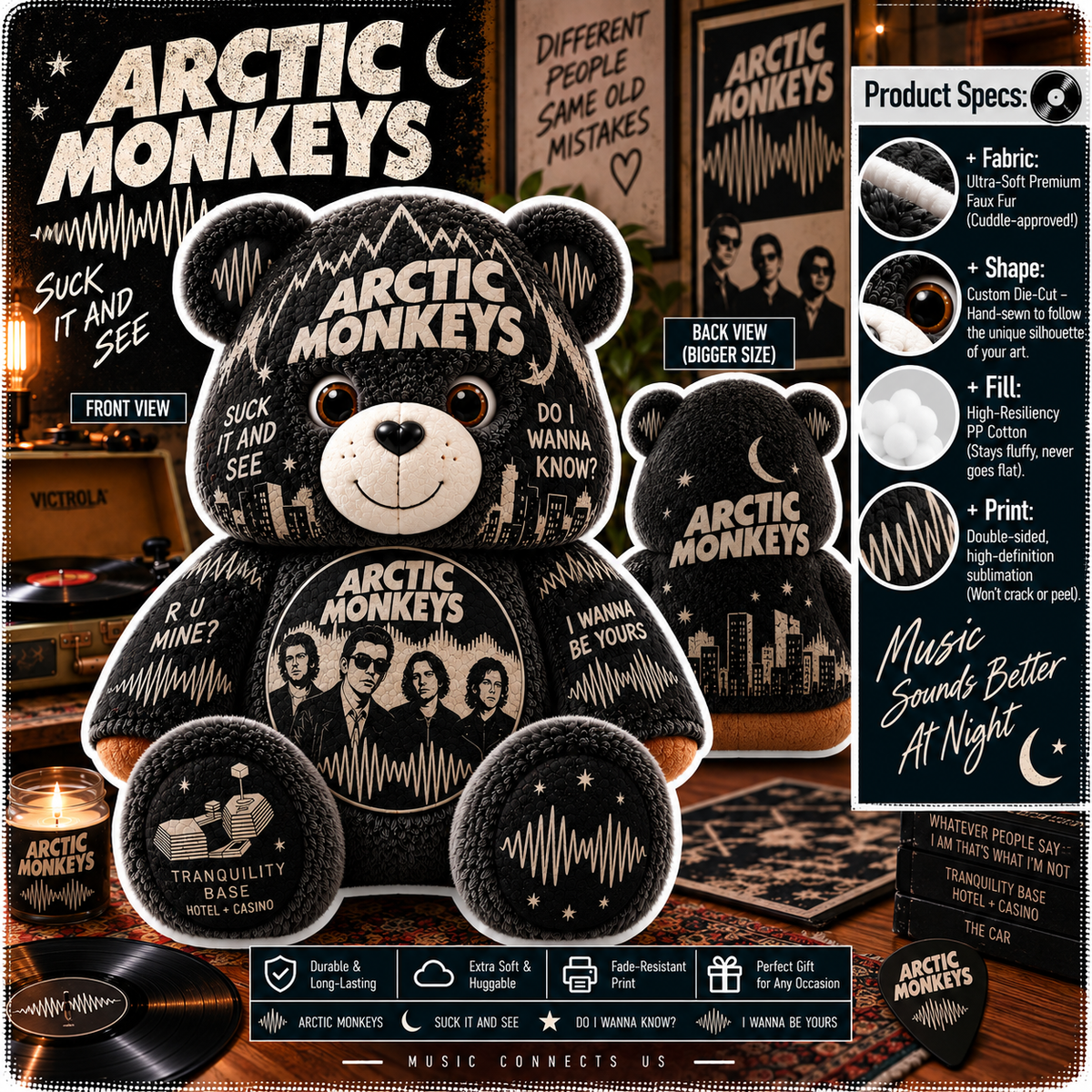 Arctic Monkeys Custom Shaped Bear Pillow – Indie Rock Music Inspired Gift for Arctic Monkeys Fans