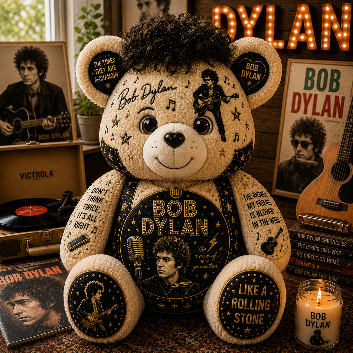 Bob Dylan Bear Custom Shaped Pillow – Like a Rolling Stone Music Fan Gift, Classic Folk Rock Legend Decor