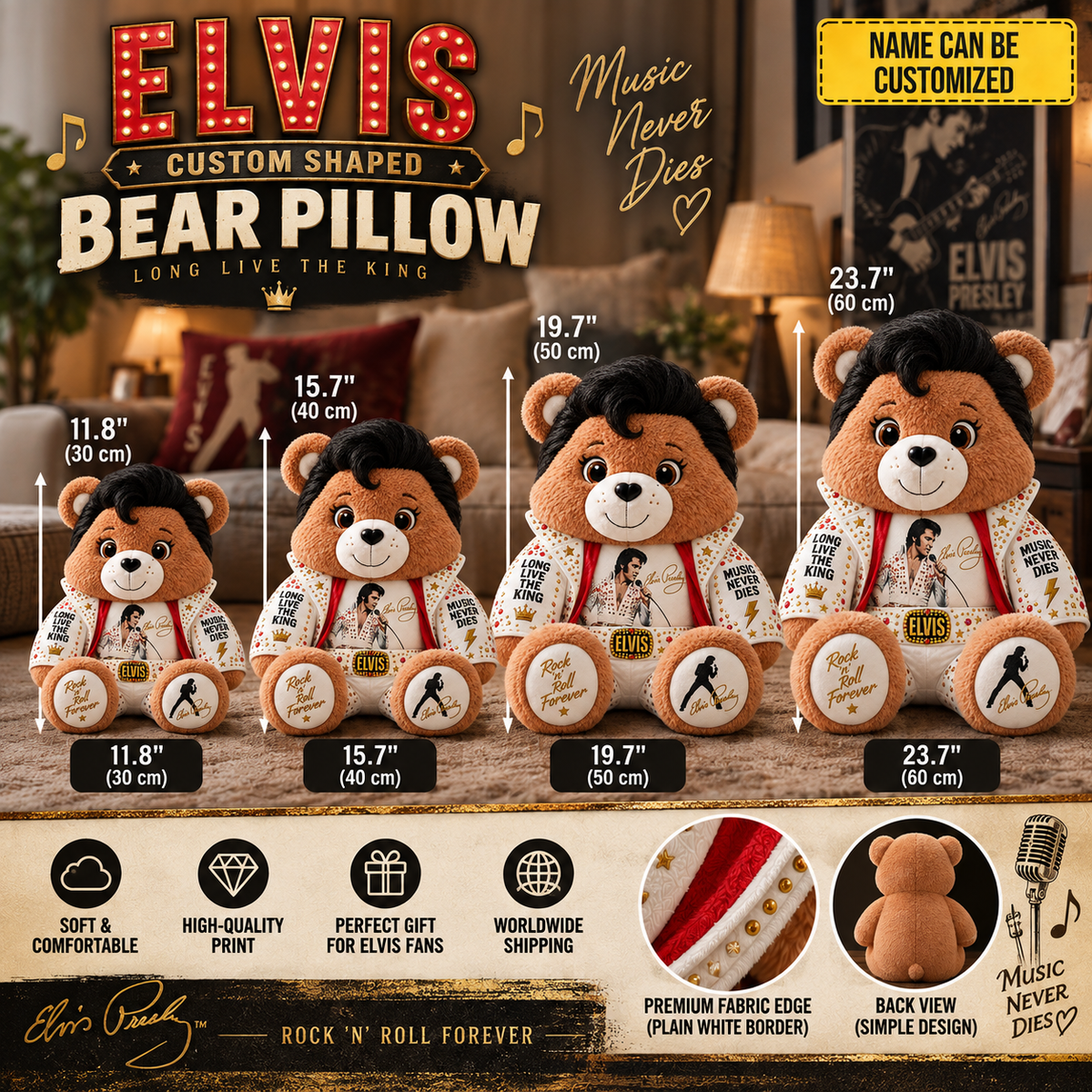 Elvis Presley Custom Shaped Bear Pillow – King of Rock ’n’ Roll Music Inspired Gift for Fans