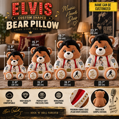 Elvis Presley Custom Shaped Bear Pillow – King of Rock ’n’ Roll Music Inspired Gift for Fans