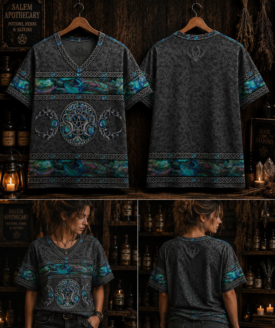 Triple Moon Pentacle , Mystical Pagan Shirt - Witchy Halloween Shirt