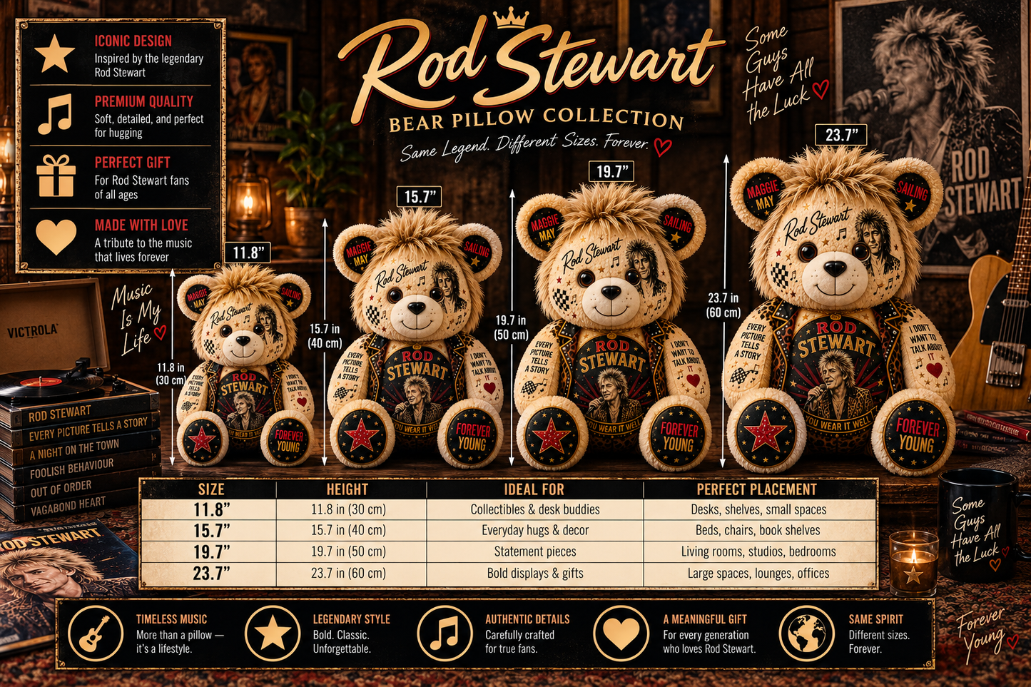 Rod Stewart Bear Custom Shaped Pillow – Forever Young Rock Music Fan Gift, Classic Rock Lover Decor