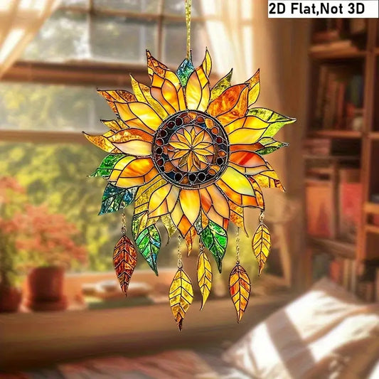 Bohemian Sunflower Stained Glass Window Hanging