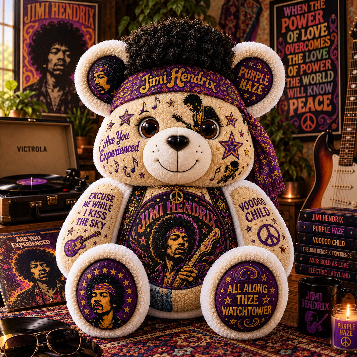 Jimi Hendrix Bear Custom Shaped Pillow – Purple Haze Rock Music Fan Gift