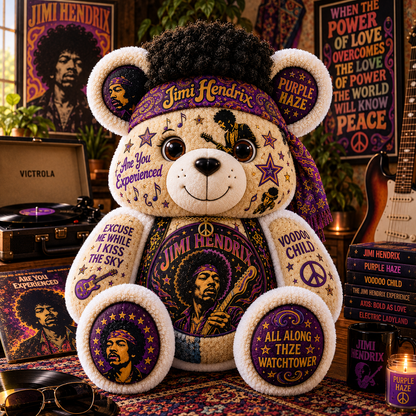Jimi Hendrix Bear Custom Shaped Pillow – Purple Haze Rock Music Fan Gift