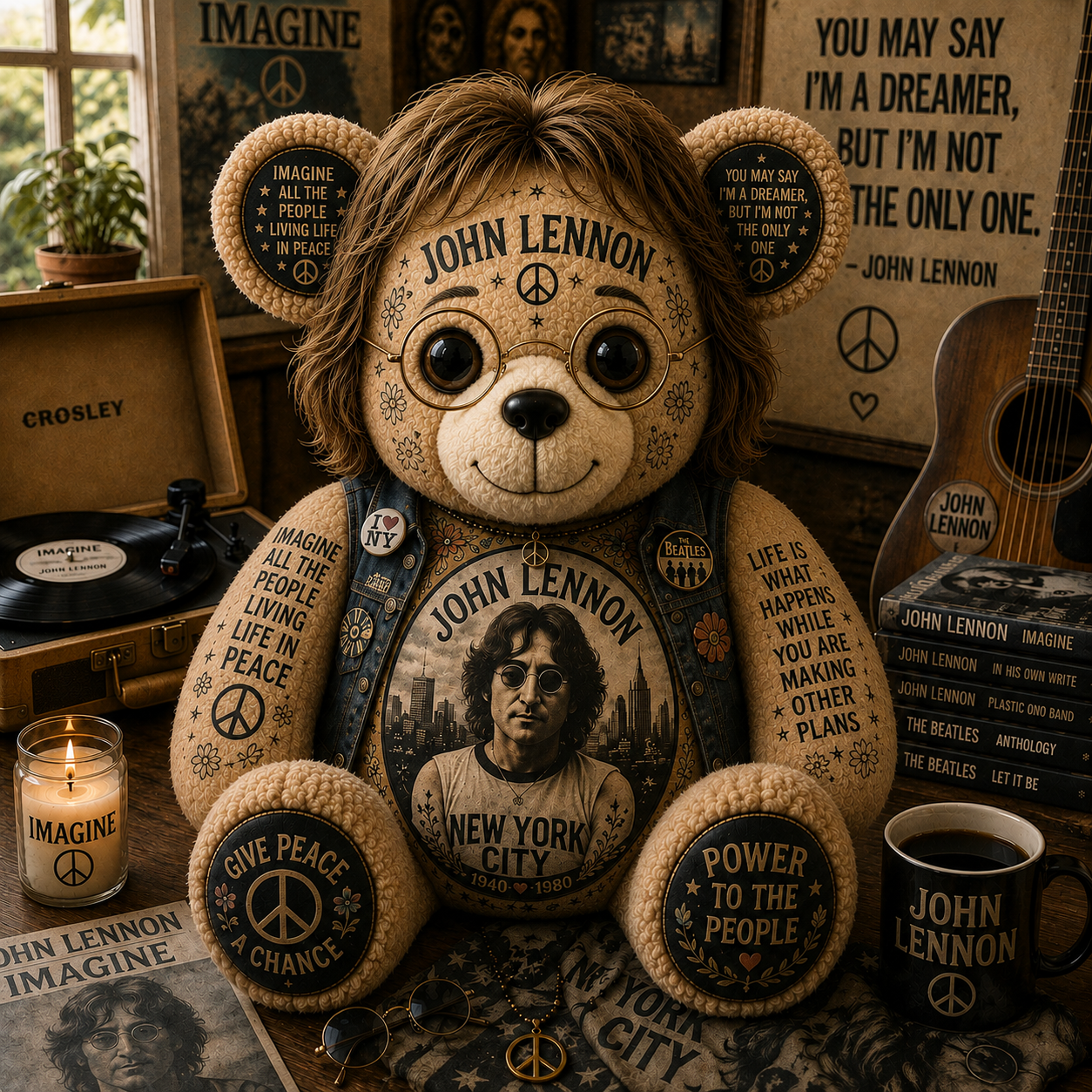John Lennon Imagine Bear Custom Shaped Pillow – Peace & Love Classic Rock Music Lover Gift