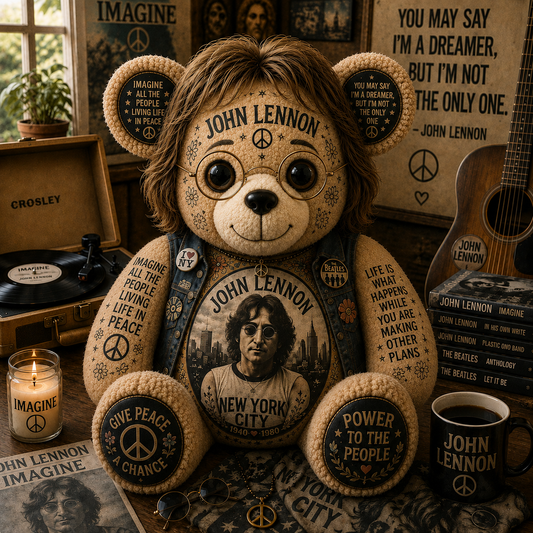 John Lennon Imagine Bear Custom Shaped Pillow – Peace & Love Classic Rock Music Lover Gift