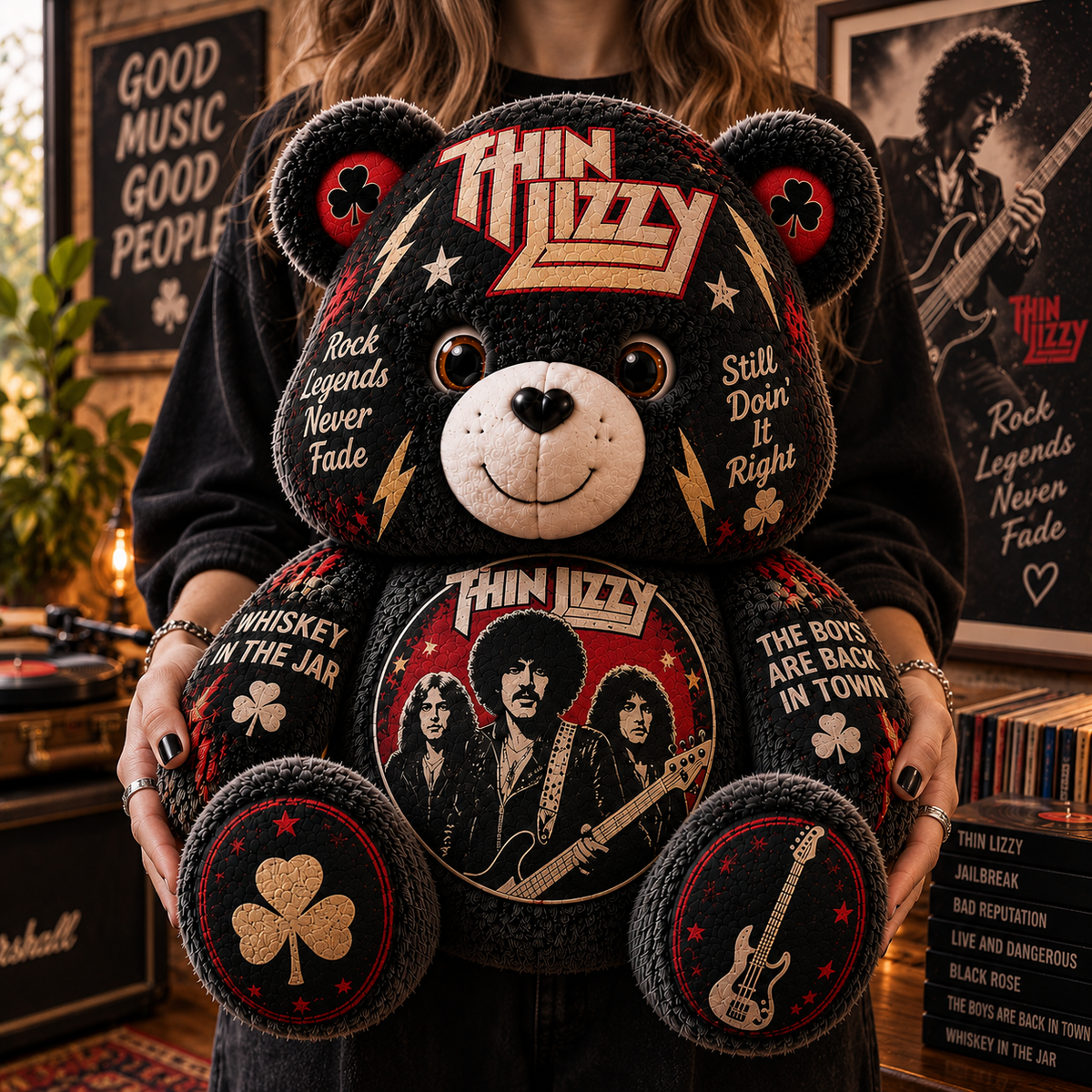 Thin Lizzy Custom Shaped Bear Pillow – Classic Rock Music Inspired Gift for Thin Lizzy Fans