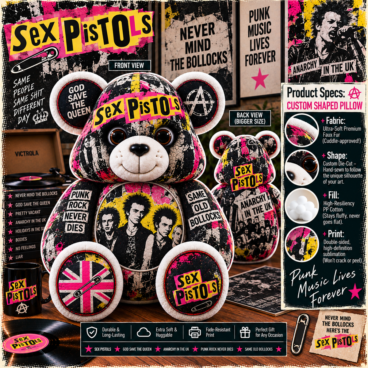 Sex Pistols Custom Shaped Bear Pillow – Punk Rock Music Inspired Gift for Fans