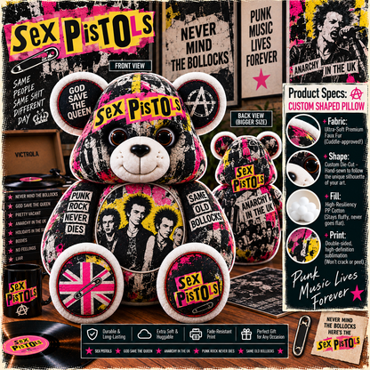 Sex Pistols Custom Shaped Bear Pillow – Punk Rock Music Inspired Gift for Fans