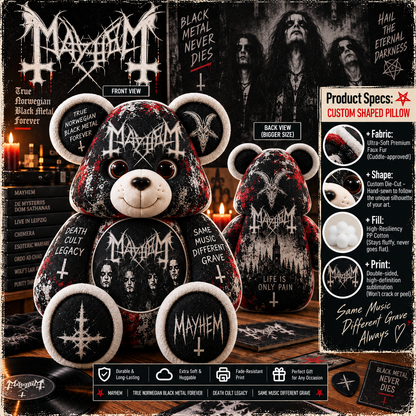 Mayhem Custom Shaped Bear Pillow – Norwegian Black Metal Inspired Gift for Fans