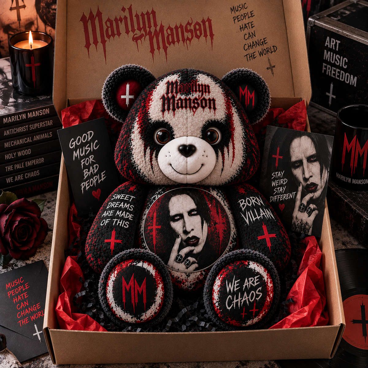 Marilyn Manson Custom Shaped Bear Pillow – Gothic Rock Music Inspired Gift for Fans
