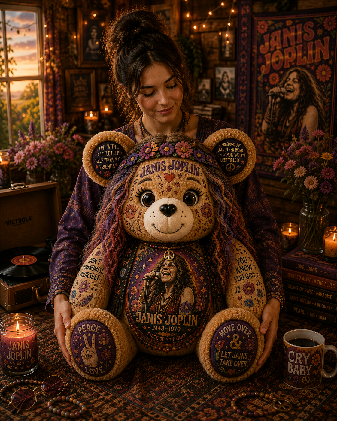 Janis Joplin Bear Custom Shaped Pillow – Gift for Classic Music Lover