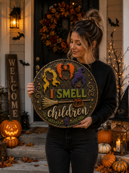 I Smell Children Metal Sign, Funny Witch Halloween Sign, Spooky Witch Wall Decor, Halloween Witch Lover Gift