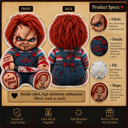 Wanna Play? Killer Doll Horror Custom Shape Pillow – Creepy Halloween Collector Gift