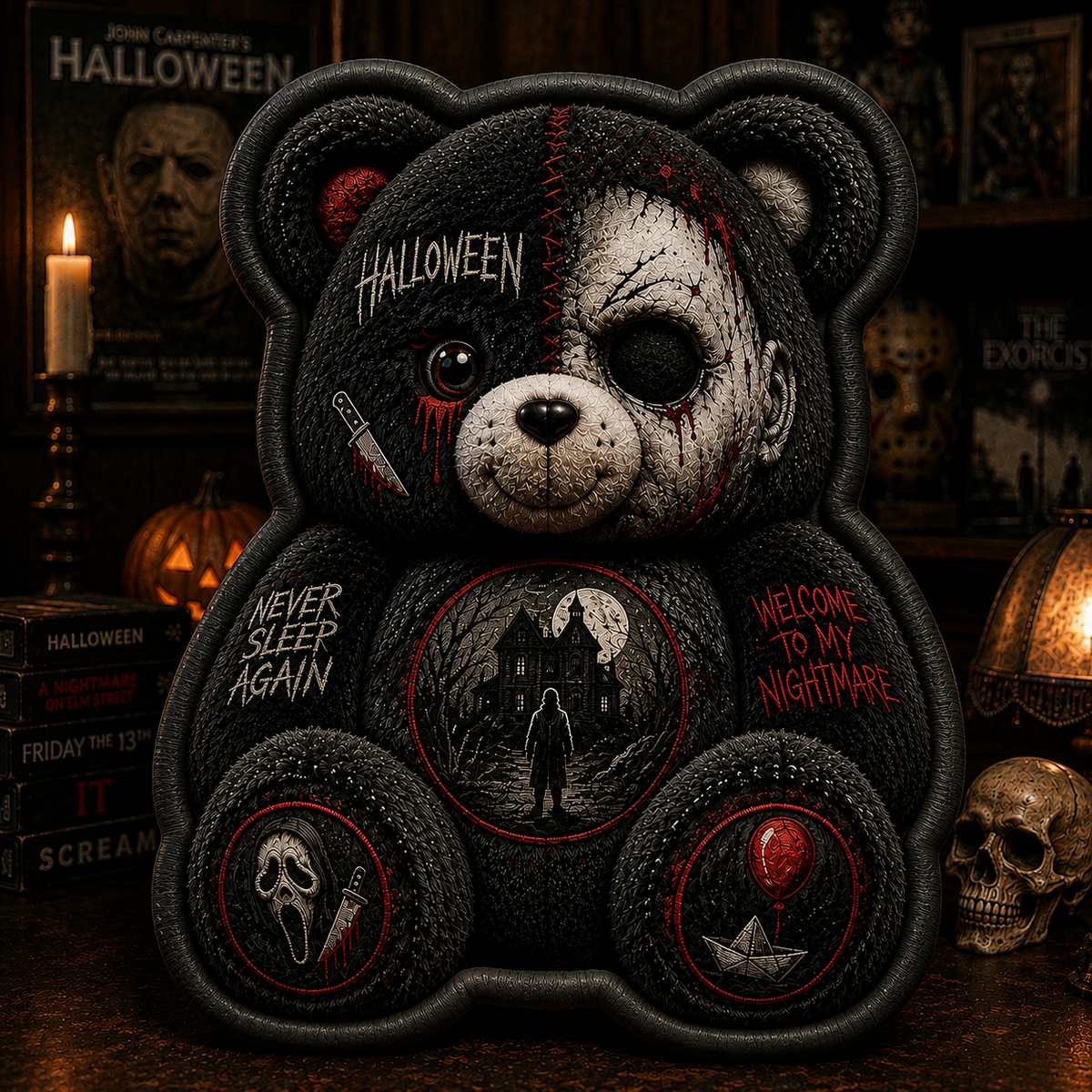 Never Sleep Again Horror Bear Custom Shaped Pillow – Halloween Gift for Horror & Slasher Lovers