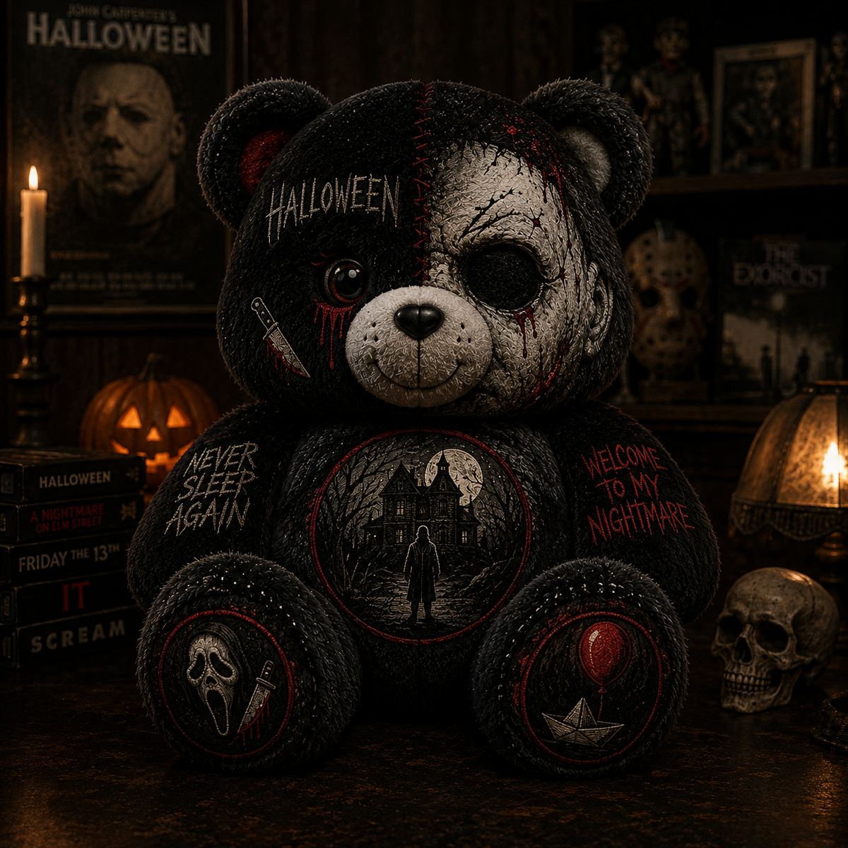 Never Sleep Again Horror Bear Custom Shaped Pillow – Halloween Gift for Horror & Slasher Lovers