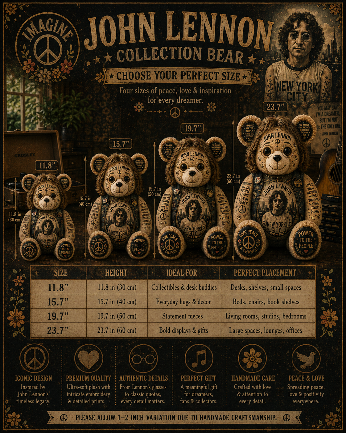 John Lennon Imagine Bear Custom Shaped Pillow – Peace & Love Classic Rock Music Lover Gift