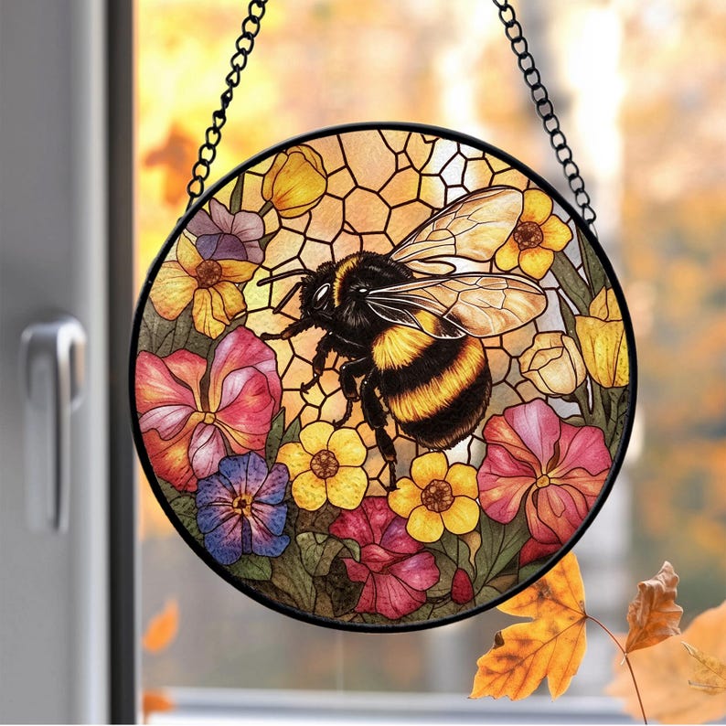 Bee Wildflower Stained Glass - Window Hanging Suncatcher Features