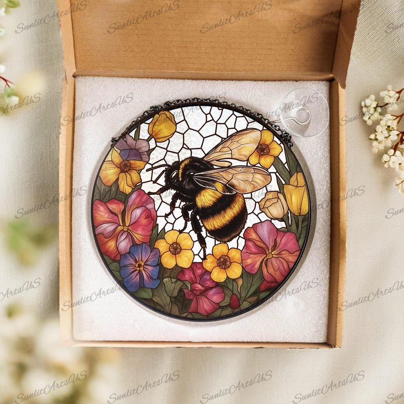 Bee Wildflower Stained Glass - Window Hanging Suncatcher Features