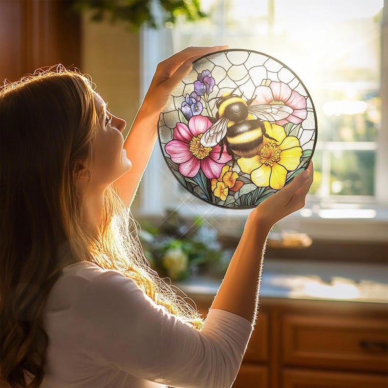Bee Wildflower Stained Glass - Window Hanging Suncatcher Features