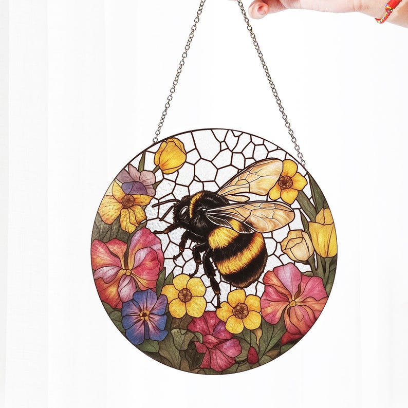 Bee Wildflower Stained Glass - Window Hanging Suncatcher Features