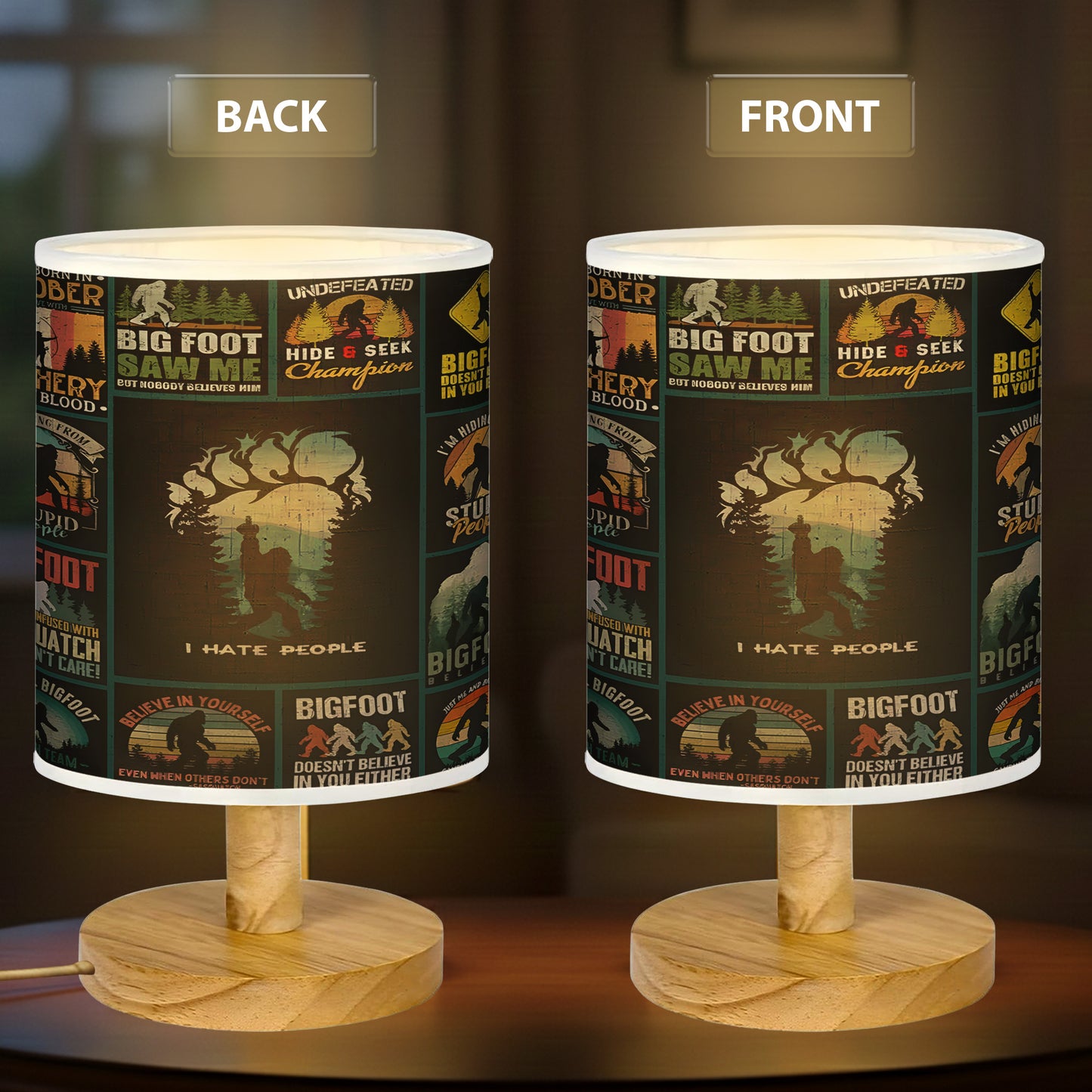 Bigfoot Vintage I Hate People  Collection Wood Base Fabric Lamp,  Retro Home Décor Gift