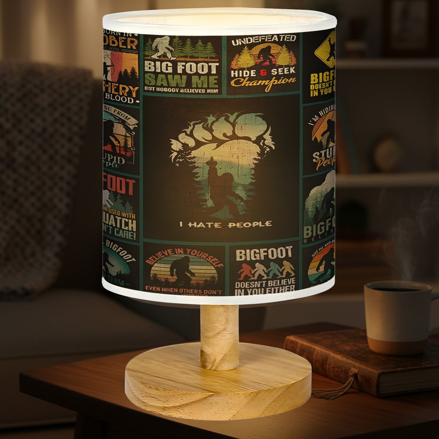 Bigfoot Vintage I Hate People  Collection Wood Base Fabric Lamp,  Retro Home Décor Gift