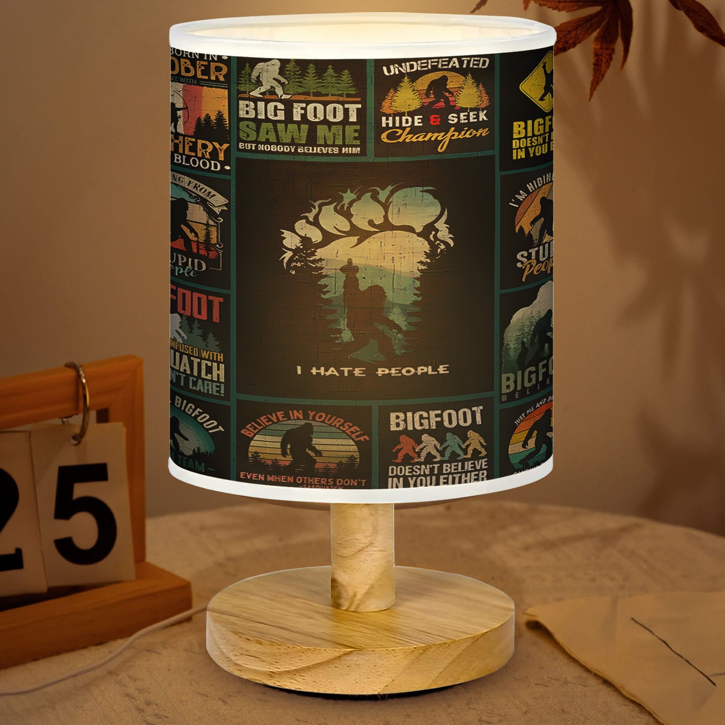 Bigfoot Vintage I Hate People  Collection Wood Base Fabric Lamp,  Retro Home Décor Gift