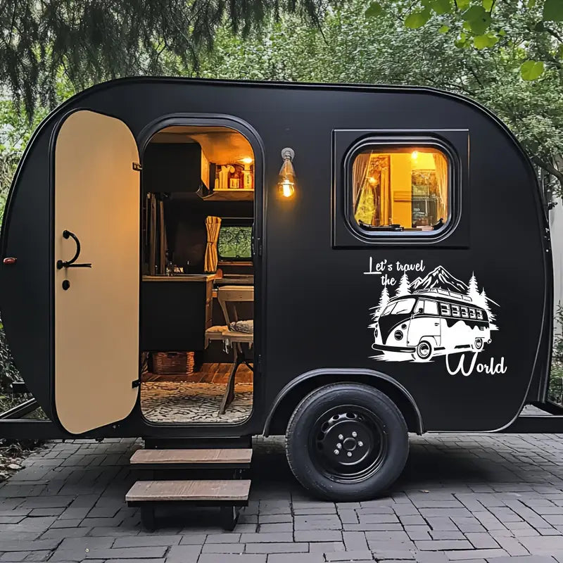 Let's Travel the World Camper Sticker WHite