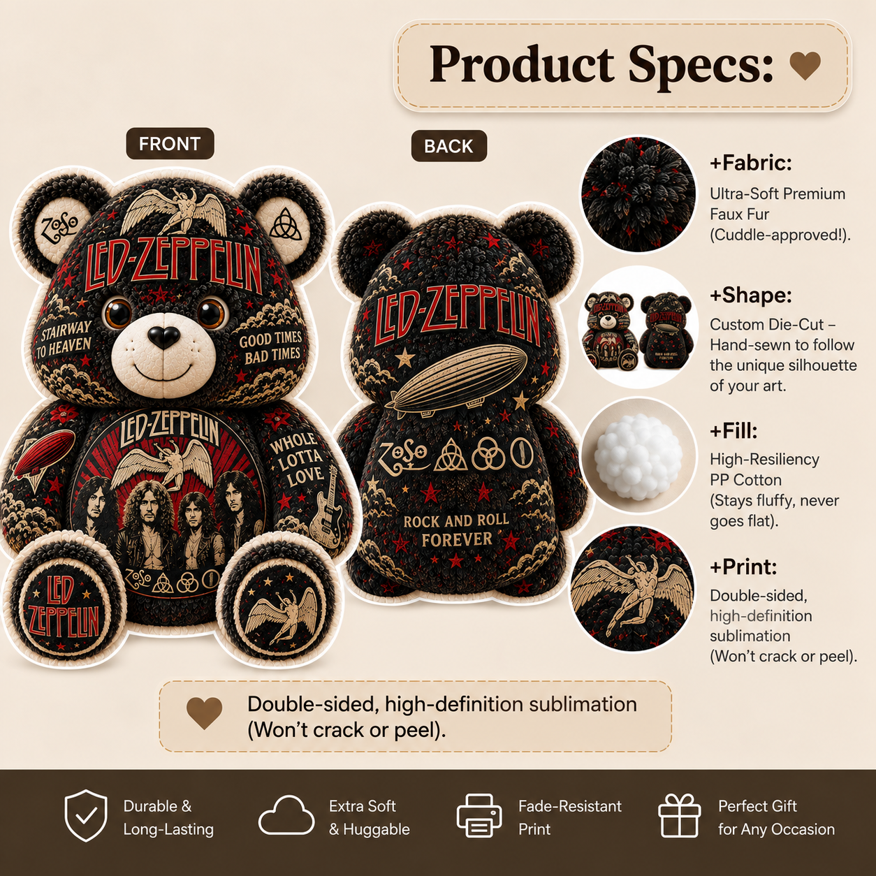 Led Zeppelin Bear Custom Shaped Pillow – Gift for Classic Music Lover 2